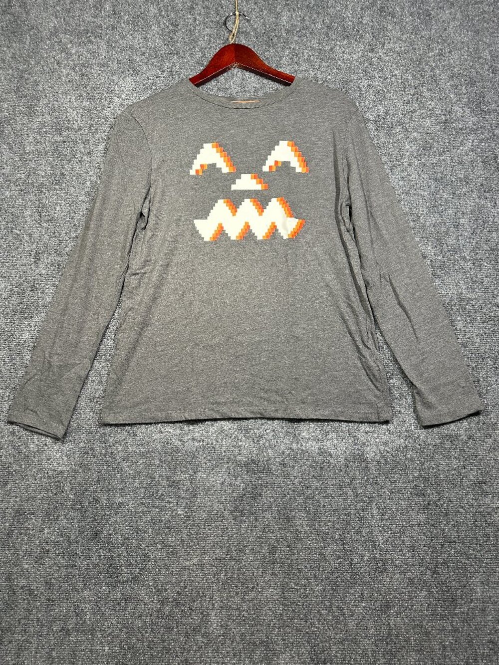 Pumpkin Tee Shirt Boys XL Gray Cotton Long Sleeve Jack O Lantern Face